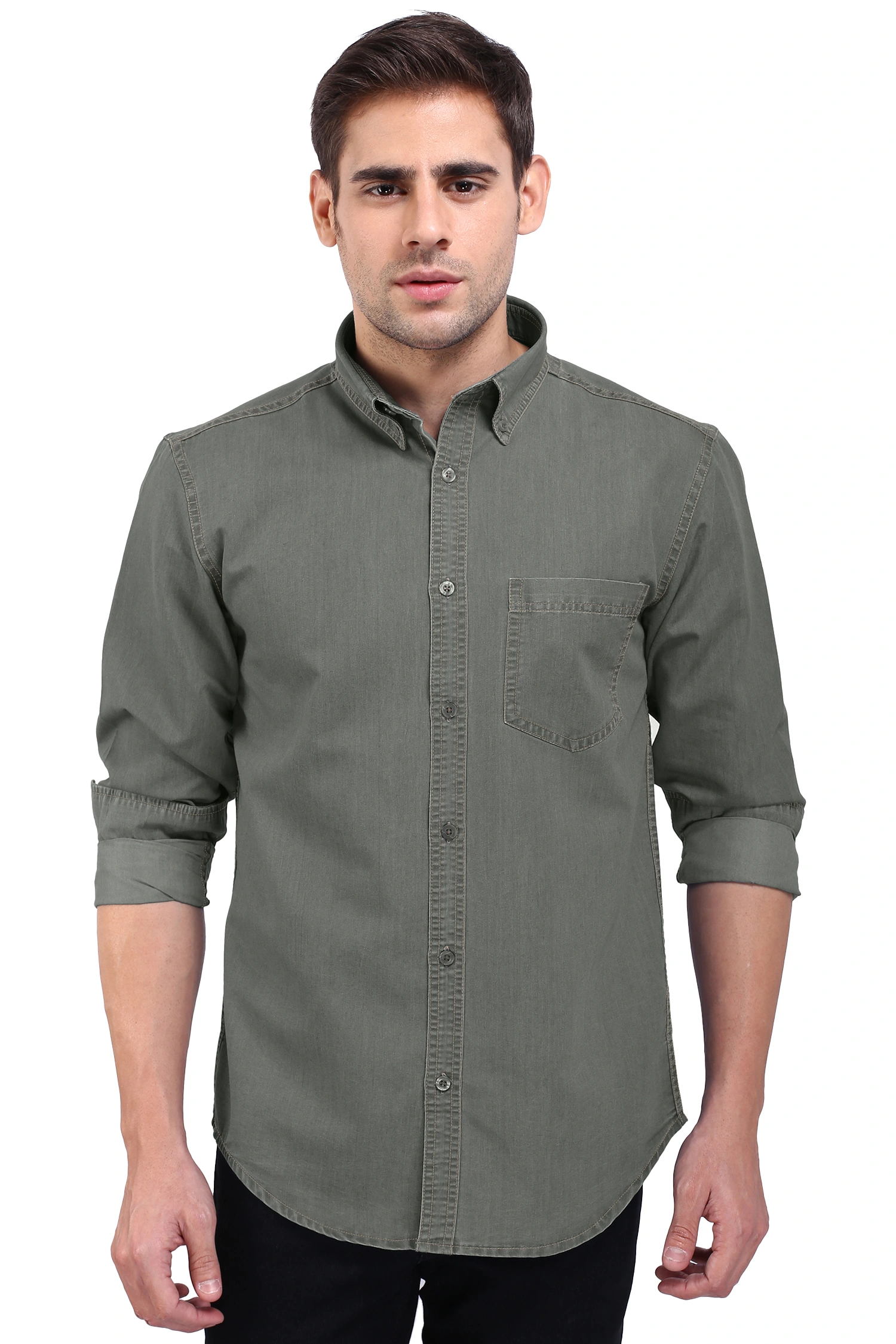 FLAGS Men's Casual Denim Shirt (DnmShrt)-Dnm_Shrt_254105-Olive-38