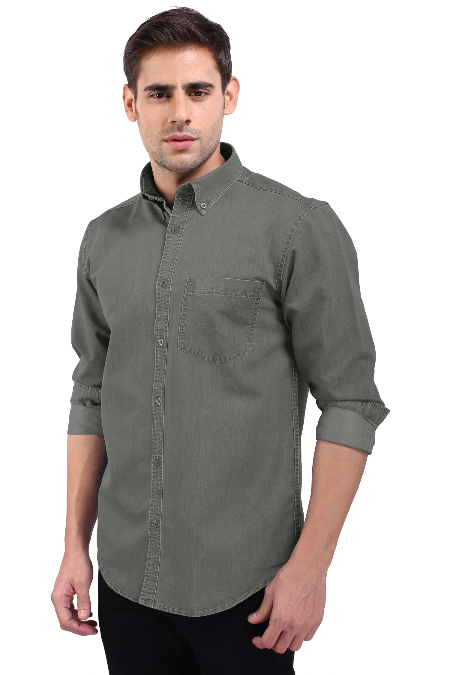 FLAGS Men's Casual Denim Shirt (DnmShrt)-42-Olive-2