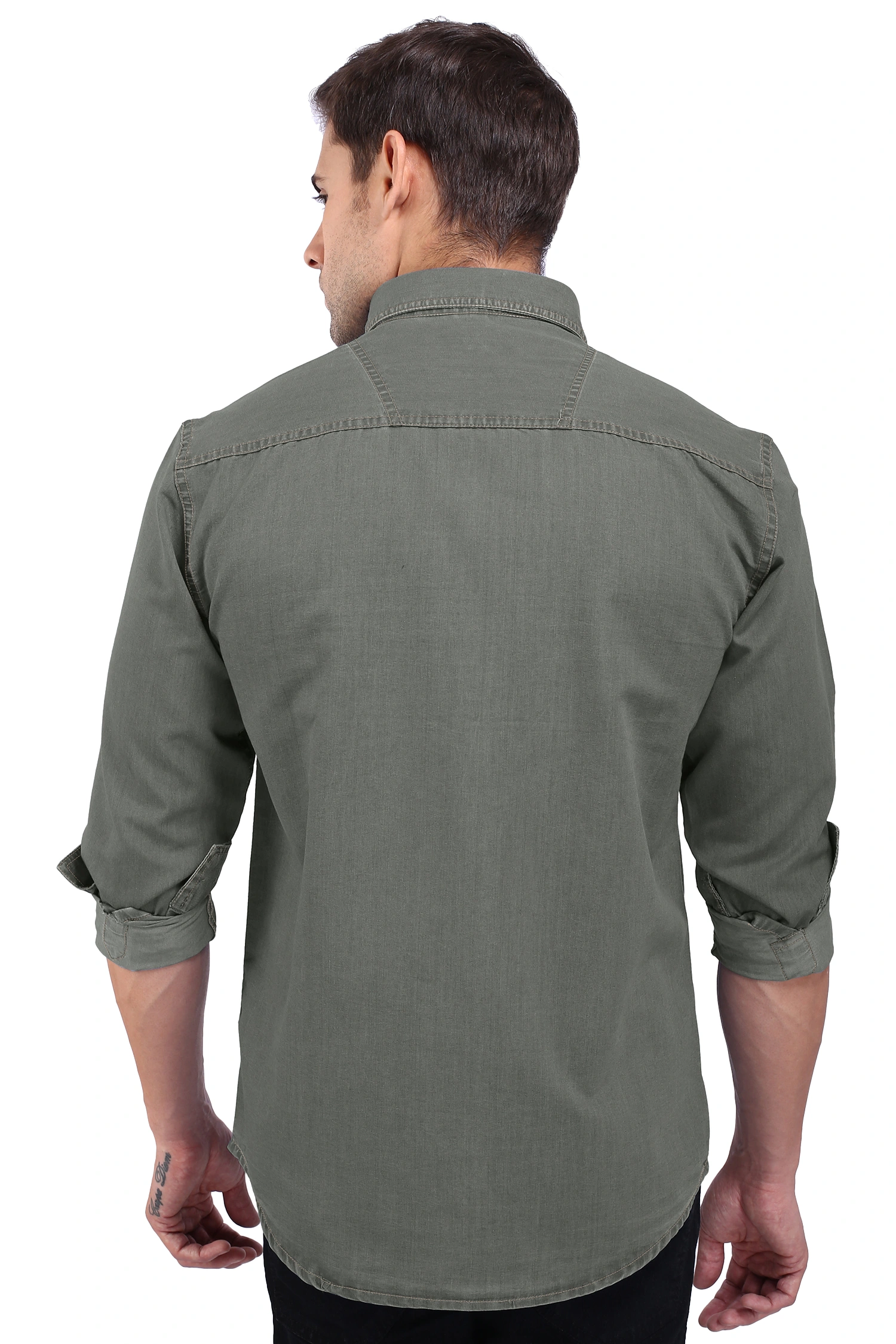 FLAGS Men's Casual Denim Shirt (DnmShrt)-46-Olive-1