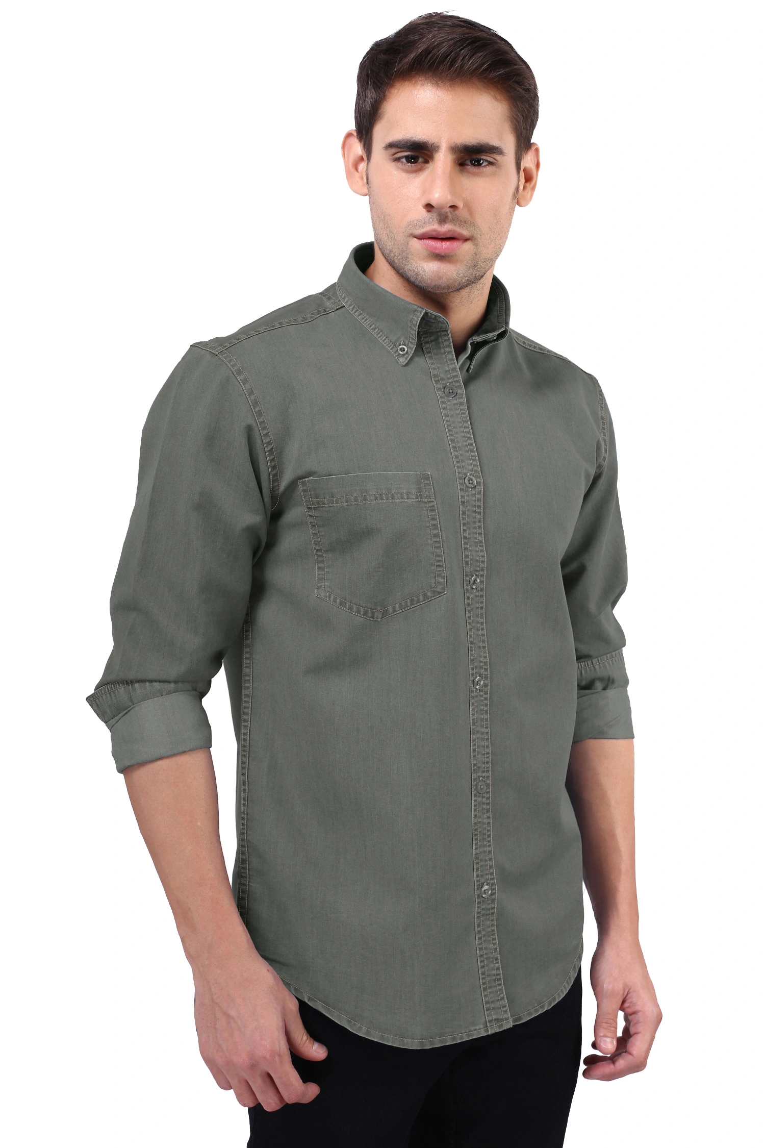 FLAGS Men's Casual Denim Shirt (DnmShrt)-48-Olive-3