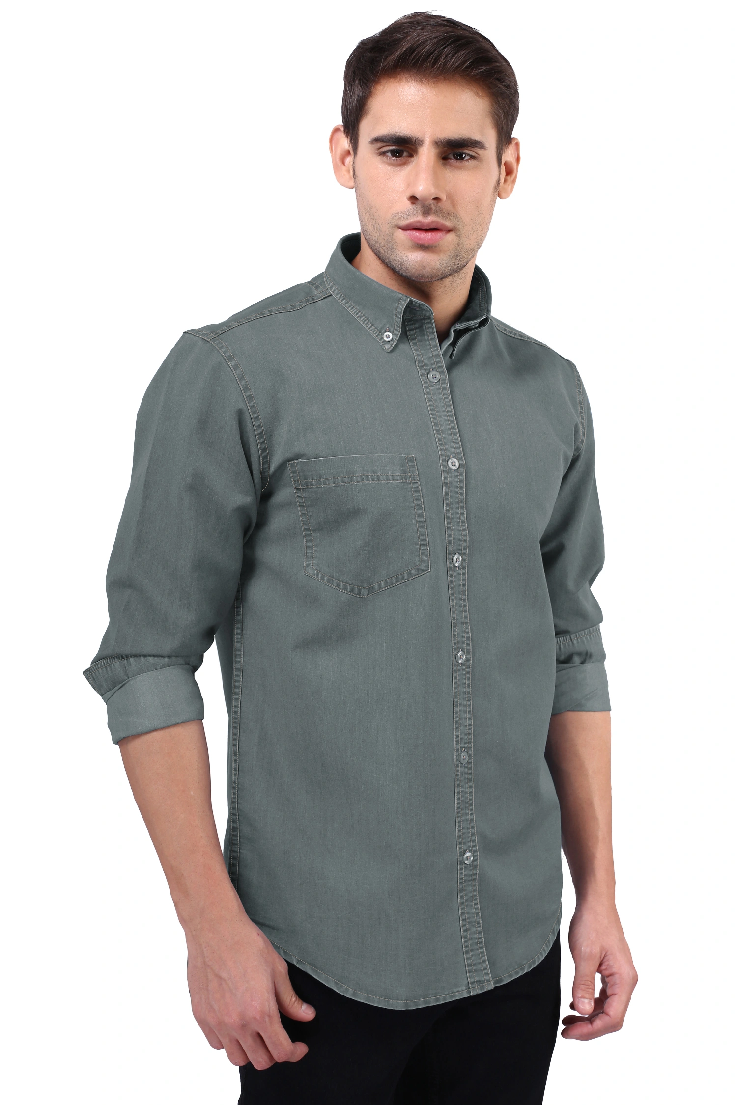 FLAGS Men's Casual Denim Shirt (DnmShrt)-48-Steel Gray-3