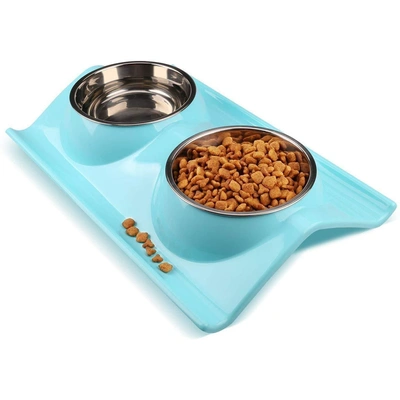 Emily Pets Stainless Steel Safety Healthy Cat/Puppy Double Food and Water Bowl (Blue)
