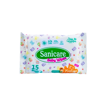Sanicare Playtime Baby Wipes Crisp Cucumber Scent-15 Sheets-15cm x 20cm-1