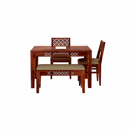 Ramdoot furniture Solid Wood 4 Seater Dining Set With Bench In Honey Oak Finish