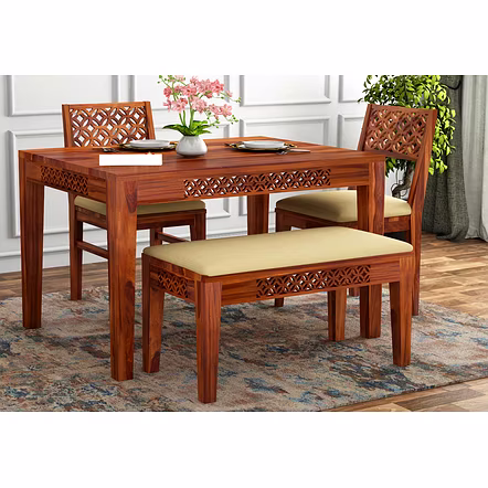 Ramdoot furniture Solid Wood 4 Seater Dining Set With Bench In Honey Oak Finish