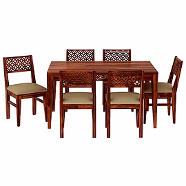 Ramdoot furniture 6 Seater Dining Table Set with cream cushion ( Honey finish)
