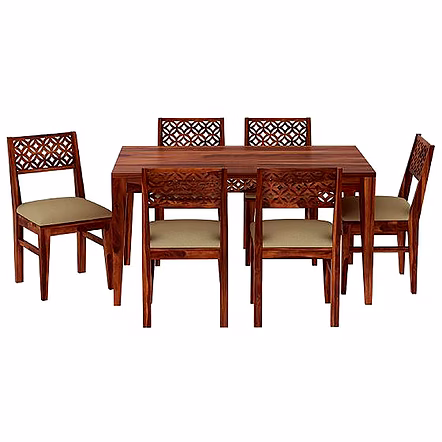 Ramdoot furniture 6 Seater Dining Table Set with cream cushion ( Honey finish)