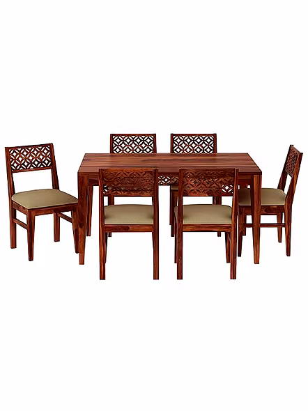 Ramdoot furniture 6 Seater Dining Table Set with cream cushion ( Honey finish)