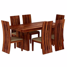 Ramdoot furniture 6 Seater Dining Table Set with cream cushion ( Honey finish)