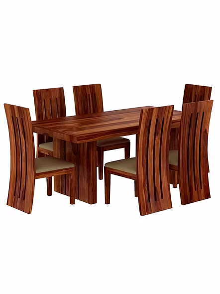 Ramdoot furniture 6 Seater Dining Table Set with cream cushion ( Honey finish)
