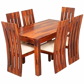 Ramdoot furniture 6 Seater Dining Table Set with cream cushion ( Honey finish)