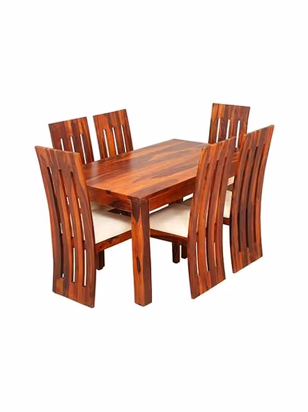 Ramdoot furniture 6 Seater Dining Table Set with cream cushion ( Honey finish)