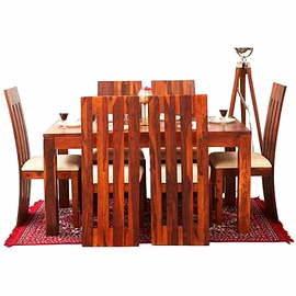 Ramdoot furniture 6 Seater Dining Table Set with cream cushion ( Honey finish)