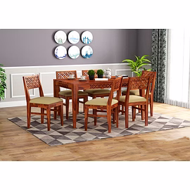 Ramdoot furniture 6 Seater Dining Table Set with cream cushion ( Honey finish)