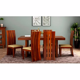 Ramdoot furniture 6 Seater Dining Table Set with cream cushion ( Honey finish)