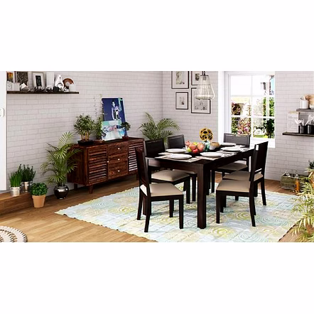 Ramdoot furniture 6 Seater Dining Table Set with cream cushion ( Walnut finish)