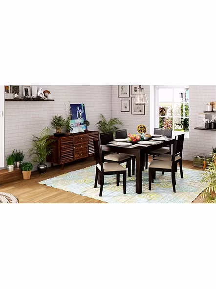 Ramdoot furniture 6 Seater Dining Table Set with cream cushion ( Walnut finish)
