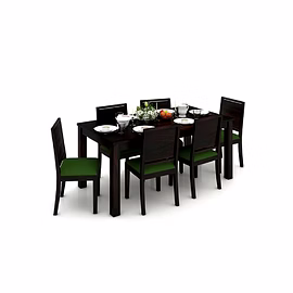Ramdoot furniture 6 Seater Dining Table Set with Green cushion ( Walnut finish)