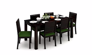 Ramdoot furniture 6 Seater Dining Table Set with Green cushion ( Walnut finish)