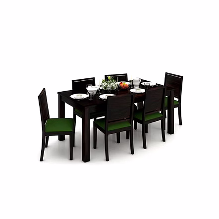Ramdoot furniture 6 Seater Dining Table Set with Green cushion ( Walnut finish)