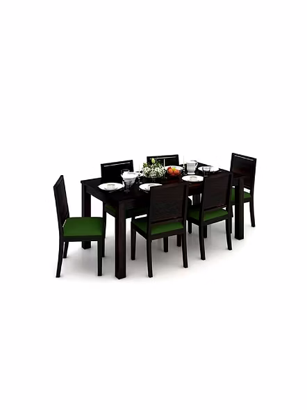 Ramdoot furniture 6 Seater Dining Table Set with Green cushion ( Walnut finish)