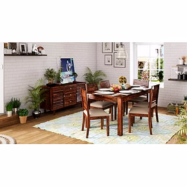 Ramdoot furniture 6 Seater Dining Table Set with cream cushion ( Honey finish)