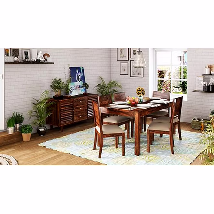 Ramdoot furniture 6 Seater Dining Table Set with cream cushion ( Honey finish)