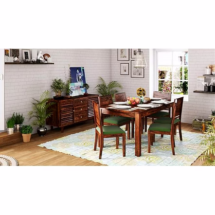 Ramdoot furniture 6 Seater Dining Table Set with Green cushion ( Honey finish)