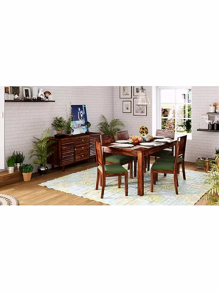 Ramdoot furniture 6 Seater Dining Table Set with Green cushion ( Honey finish)