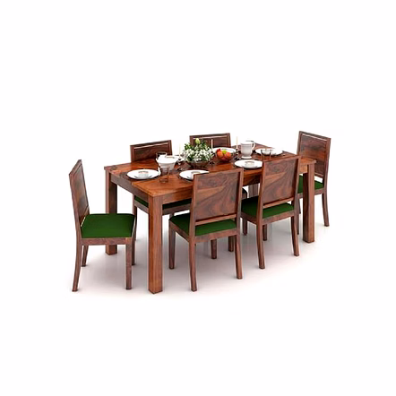 Ramdoot furniture 6 Seater Dining Table Set with Green cushion ( Honey finish)