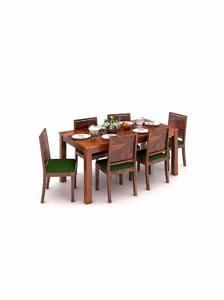 Ramdoot furniture 6 Seater Dining Table Set with Green cushion ( Honey finish)