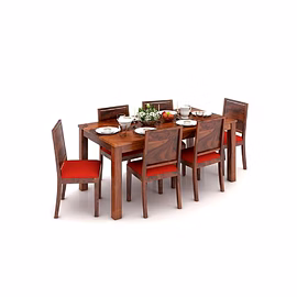 Ramdoot furniture 6 Seater Dining Table Set with Red cushion ( Honey finish)