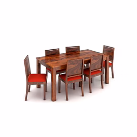 Ramdoot furniture 6 Seater Dining Table Set with Red cushion ( Honey finish)