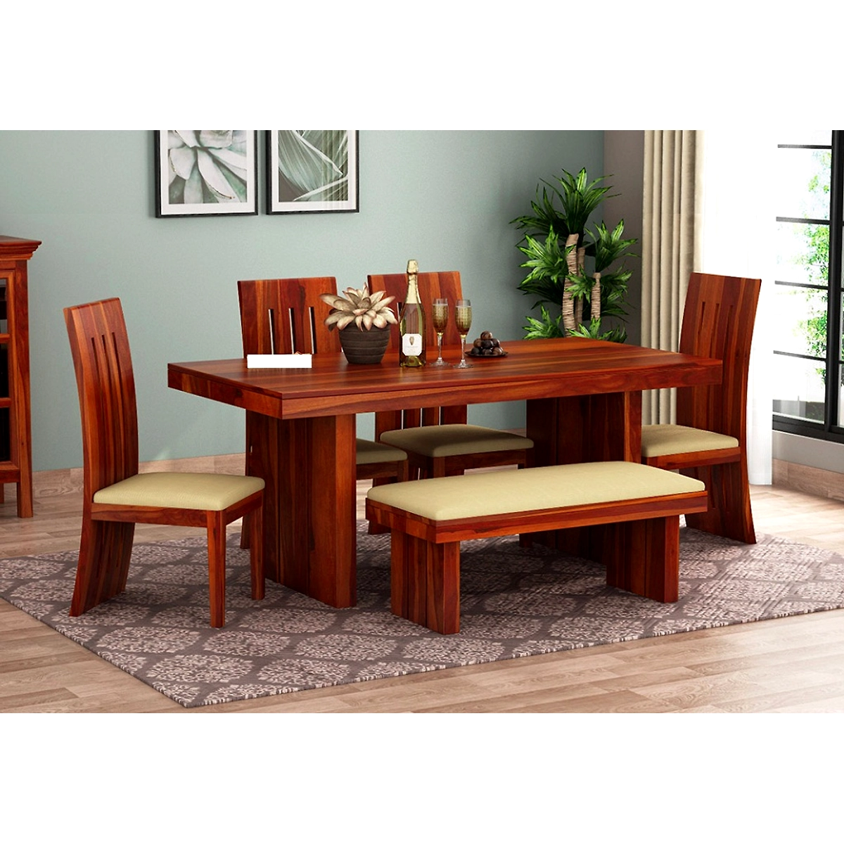 6 seater dining table with online bench