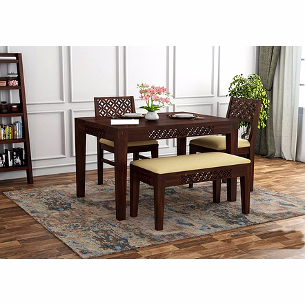 Ramdoot furniture Solid Wood 4 Seater Dining Set With Bench In Honey Oak Finish