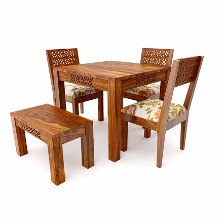 Ramdoot Furniture Solid Sheesham Wood Dining Table 4 Seater | Wooden Dinning Table Four Seater with Chairs | Home Dining Room Set with 3 Chairs & 1 Bench for Hotel & Restaurants | Chairs With Cushion