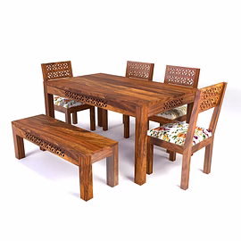 Ramdoot Furniture Solid Sheesham Wood Dining Table 6 Seater | Wooden Dinning Table Six Seater with Chairs | Home Dining Room Set with 4 Chairs & 1 Bench for Hotel & Restaurants | Chairs With Cushion |