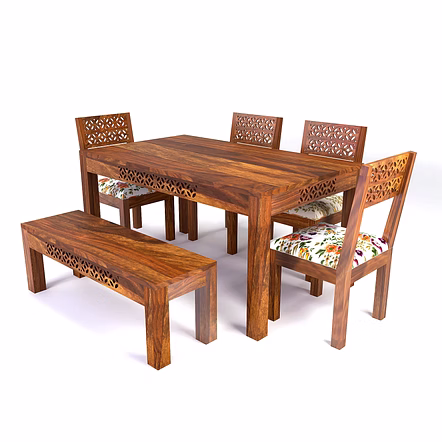 Ramdoot Furniture Solid Sheesham Wood Dining Table 6 Seater | Wooden Dinning Table Six Seater with Chairs | Home Dining Room Set with 4 Chairs & 1 Bench for Hotel & Restaurants | Chairs With Cushion |