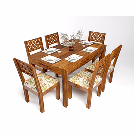 Ramdoot Furniture Solid Sheesham Wood Dining Table 6 Seater | Wooden Dinning Table Six Seater with Chairs | Home Dining Room Set with 6 Chairs for Hotel & Restaurants | Chairs With Cushion | Rosewood,