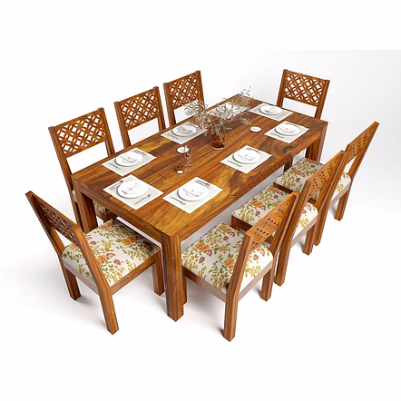 Ramdoot Furniture Solid Sheesham Wood Dining Table 8 Seater | Wooden Dinning Table Eight Seater with Chairs | Home Dining Room Set with 8 Chairs for Hotel & Restaurants | Chairs With Cushion | Rosewoo