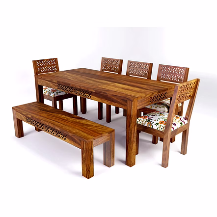 Ramdoot Furniture Solid Sheesham Wood Dining Table 8 Seater | Wooden Dinning Table Eight Seater with Chairs | Home Dining Room Set with 5 Chairs & 1 Bench for Hotel & Restaurants | Chairs With Cushion