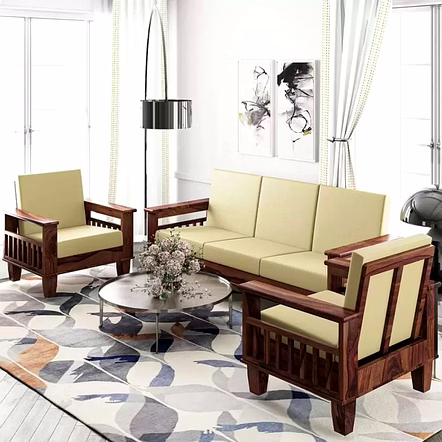 Ramdoot furniture wooden sofa set 5 seater 3+1+1 for living room ( Teak finish)