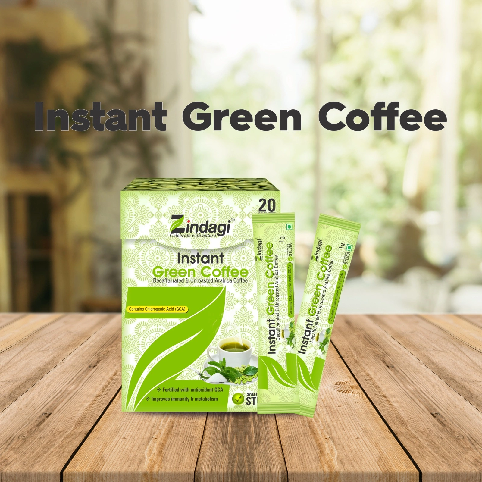 Zindagi Instant Green Coffee Sachets - Pure Green Coffee Extract Sweeten With Stevia (20 sachets)-11755058