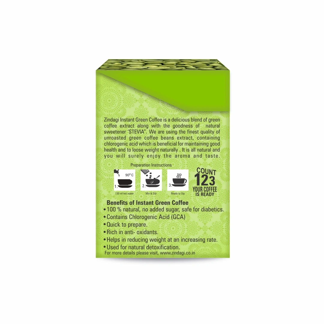 Zindagi Instant Green Coffee Sachets - Pure Green Coffee Extract Sweeten With Stevia (20 sachets)-2
