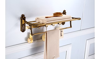 Towel Rack for Your Bathroom, Space Saving and Convenient Towel Holder, Double Towel Bar with Towel Hooks, The Perfect Antique Style Addition to Your Bathroom Décor(Gold)