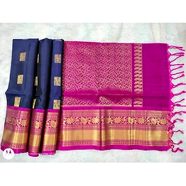 Chandrakalaa's Creations Luxurious Soft Pattu Navy Blue Saree with Kanchi Border Weaving