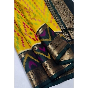 Pure Silk Ikkat Weaving Saree with Navy Blue Border and Mango Yellow Body Design