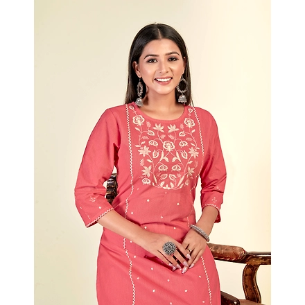 Pure Cotton Casual Wear Embroidery Kurti Set-XL-1