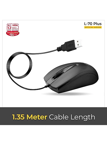 LAPCARE L-70 Plus Wired Optical Mouse with 1200 DPI - Black-l70