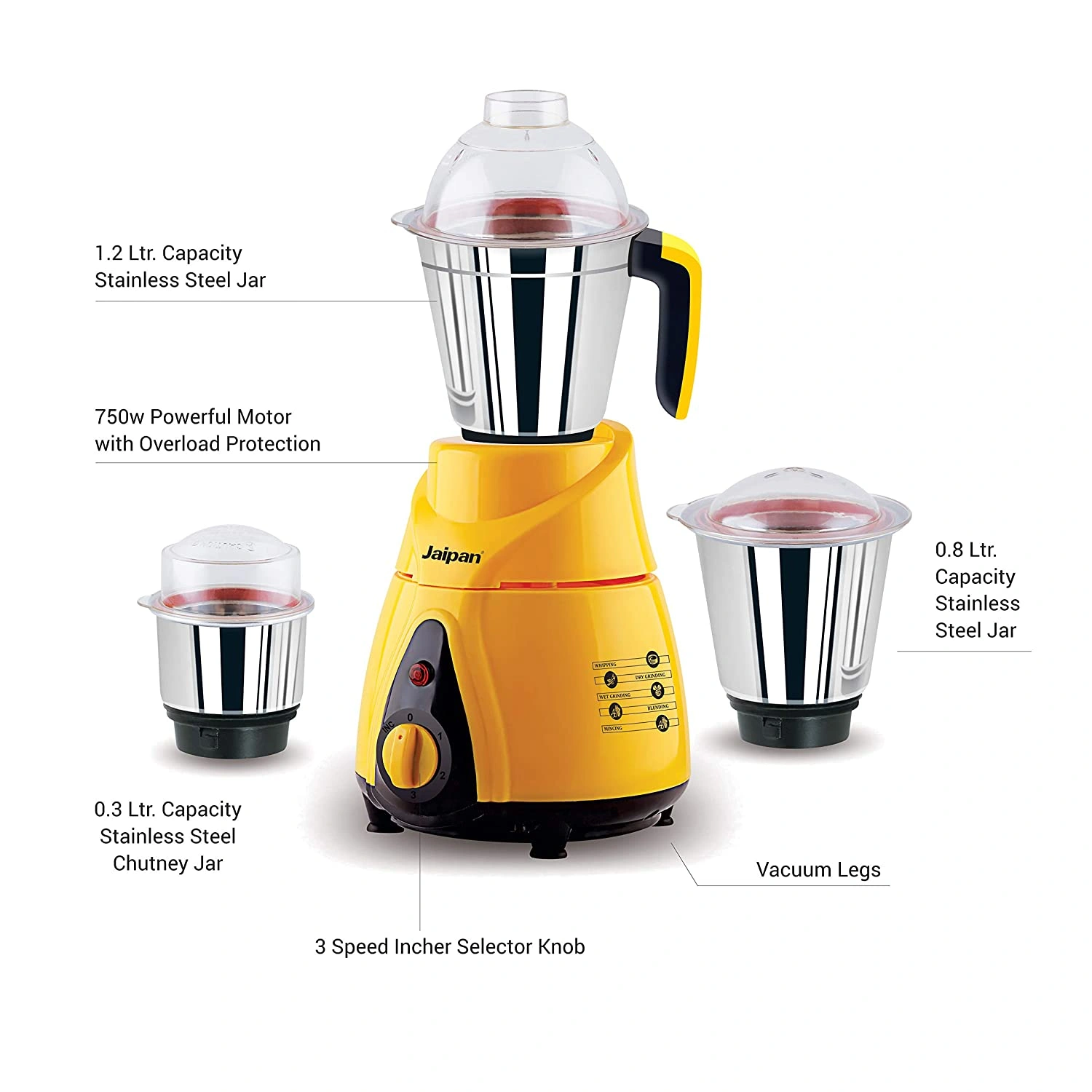 Jaipan JBU-05 850-Watts Buttler Mixer Grinder (Yellow/Black)-2